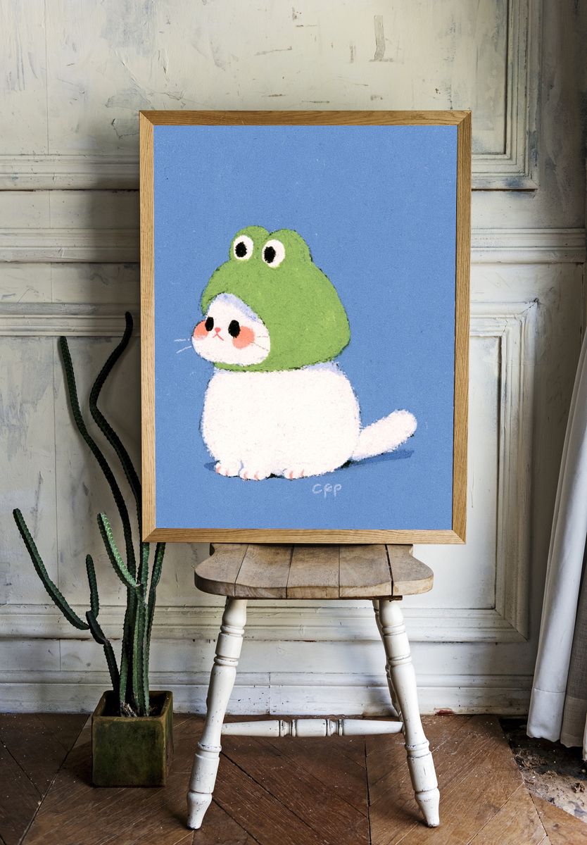 Frog Hat Cat Illustration Poster. room preview