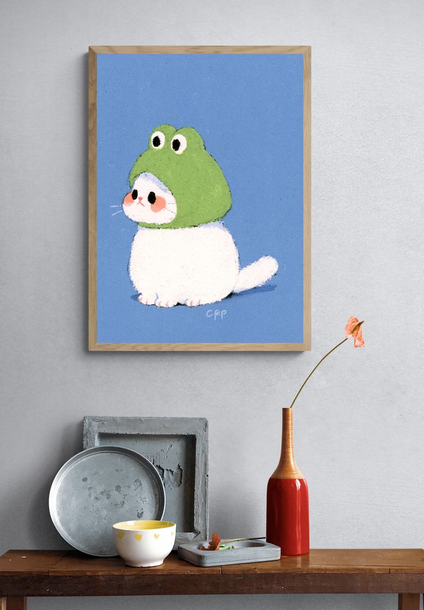 Frog Hat Cat Illustration Poster. — room view 3