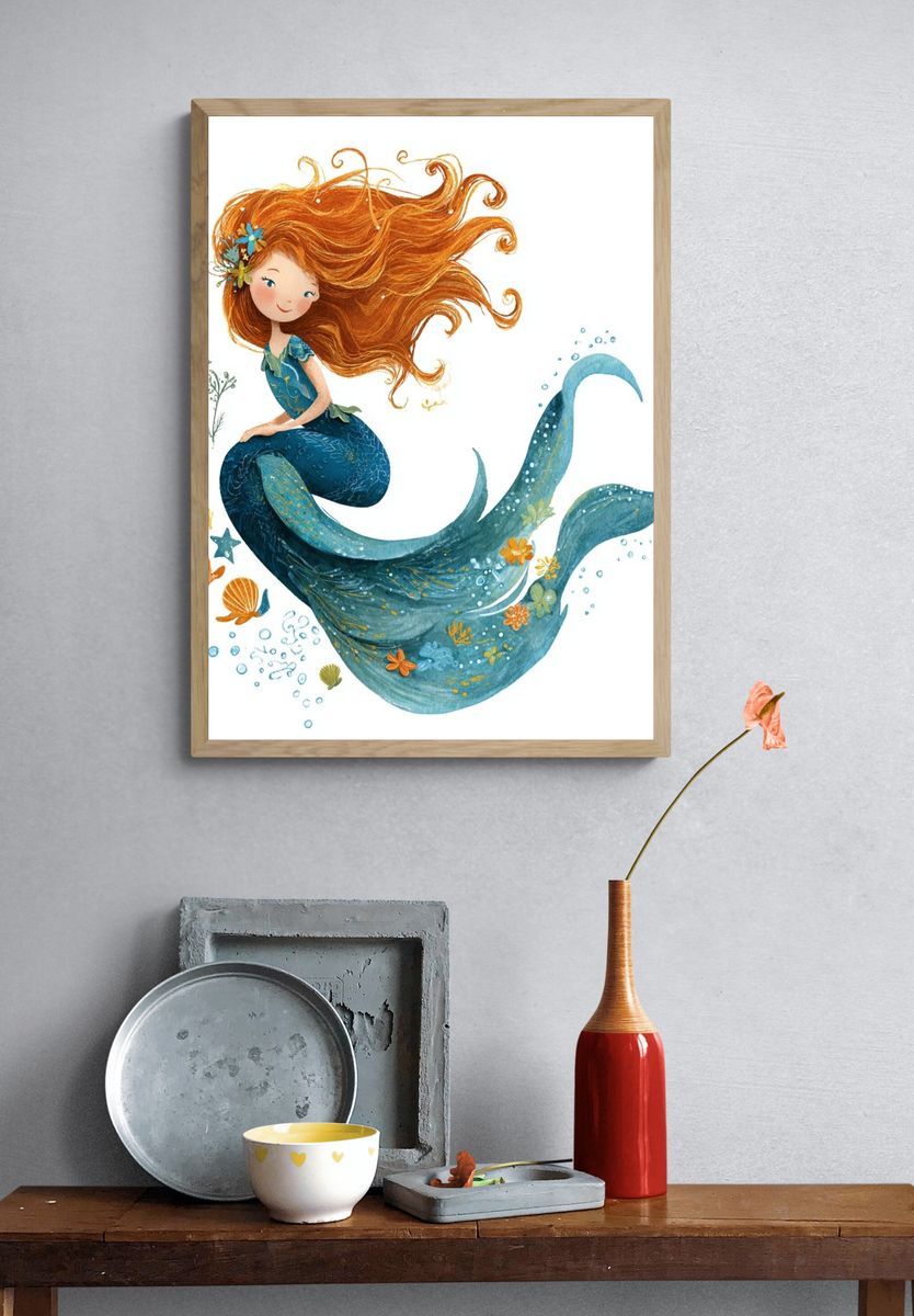 Mermaid Girl Watercolor Poster. — room view 3
