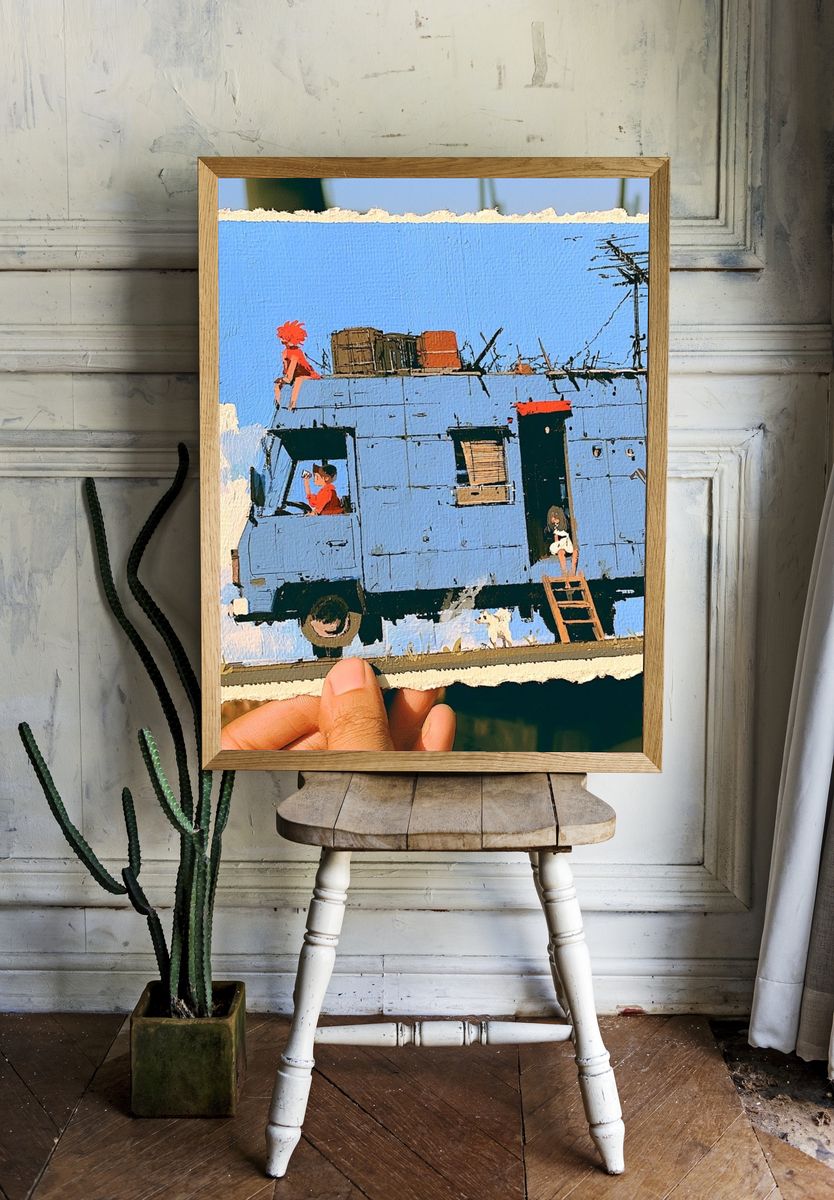 Blue Caravan Scene Illustration Poster. — room view 1