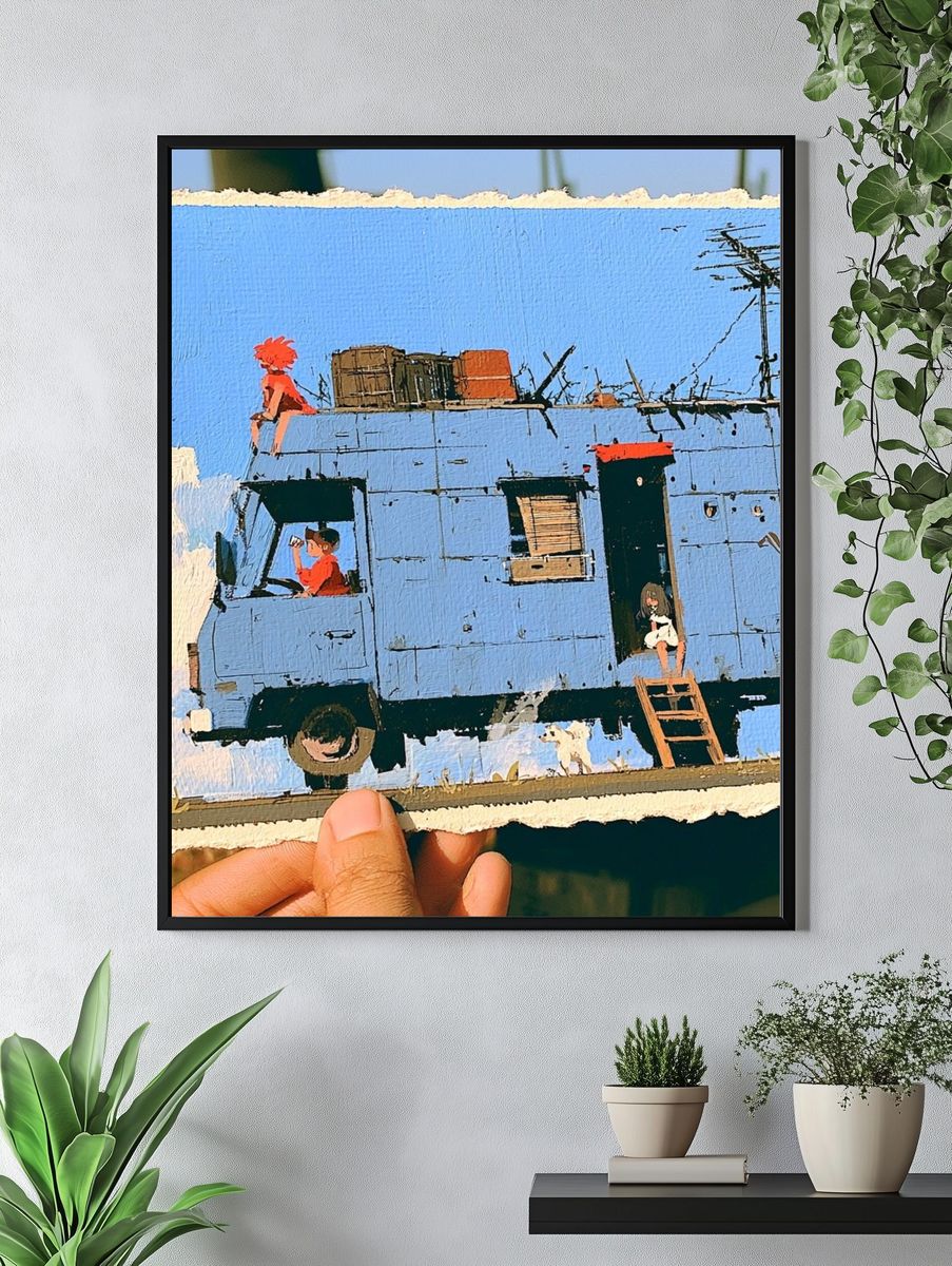 Blue Caravan Scene Illustration Poster. — room view 4