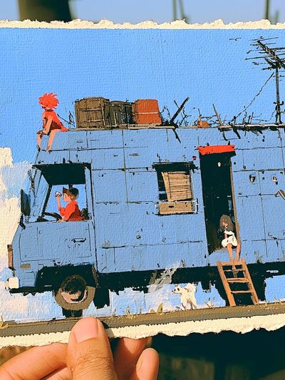 Blue Caravan Scene Illustration Poster.