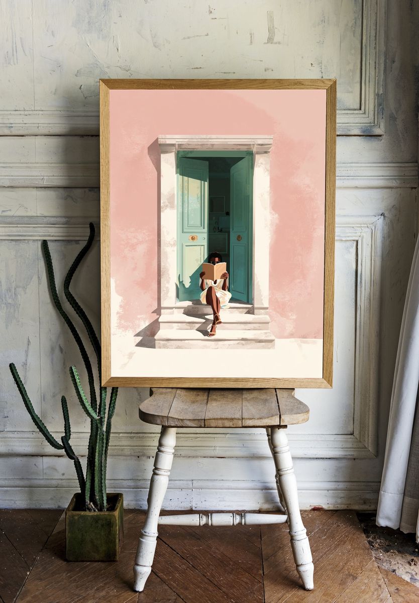 Reading Woman by Door Illustration Poster. room preview