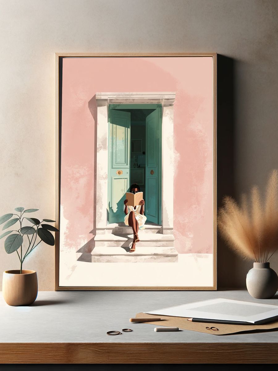 Reading Woman by Door Illustration Poster. — room view 2
