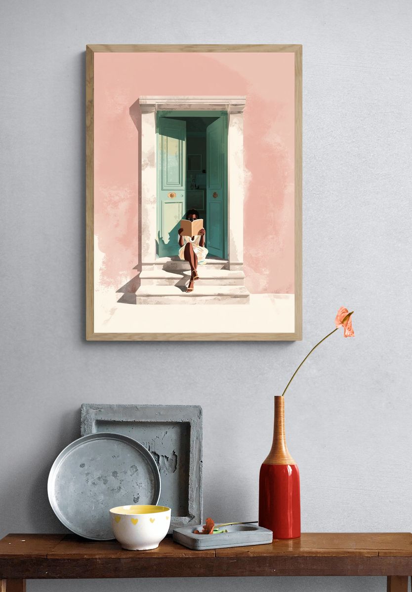Reading Woman by Door Illustration Poster. — room view 3