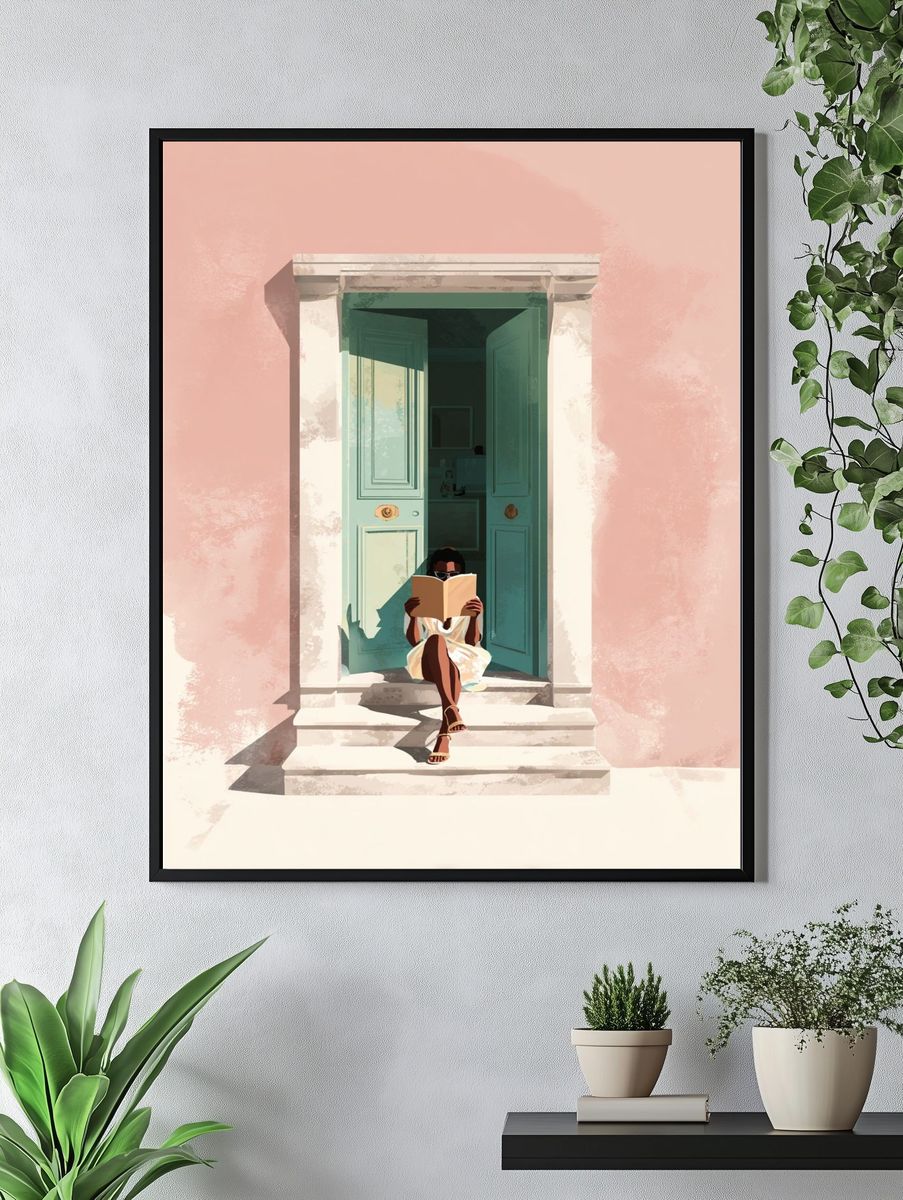 Reading Woman by Door Illustration Poster. — room view 4