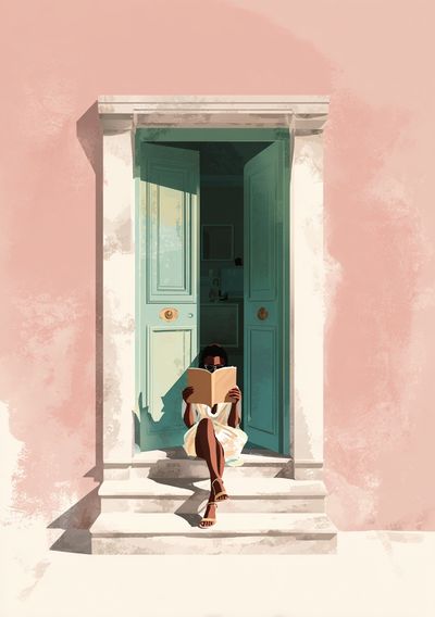Reading Woman by Door Illustration Poster.