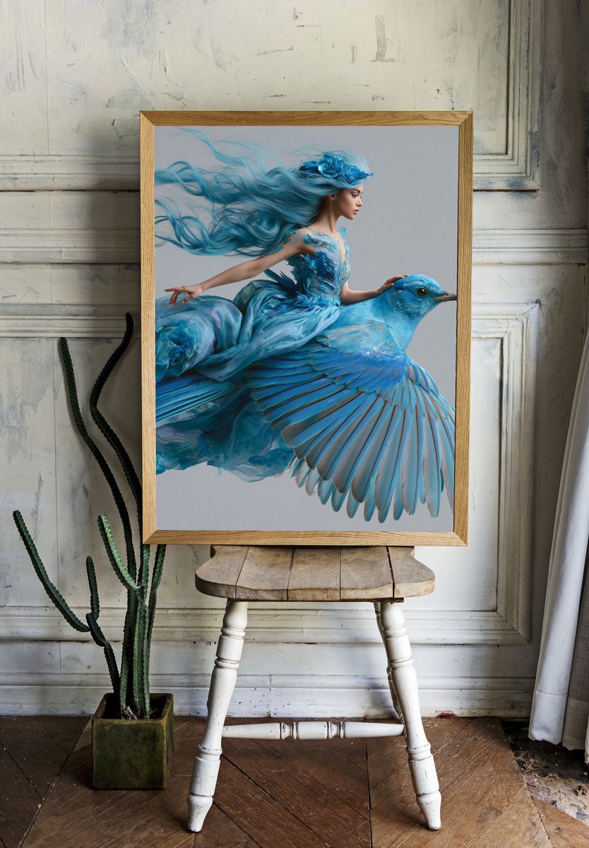 Blue Bird Rider Illustration Poster. — room view 1
