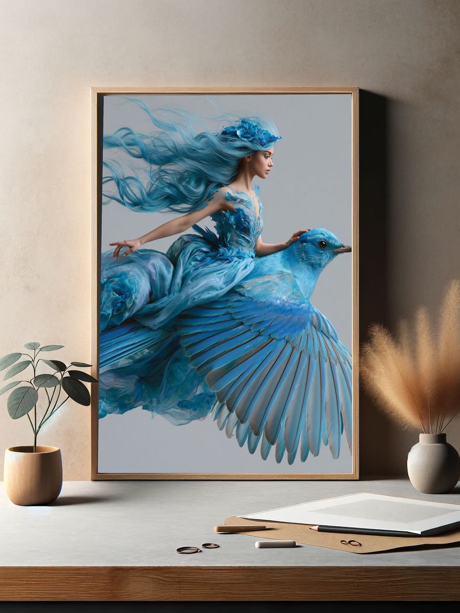 Blue Bird Rider Illustration Poster. — room view 2