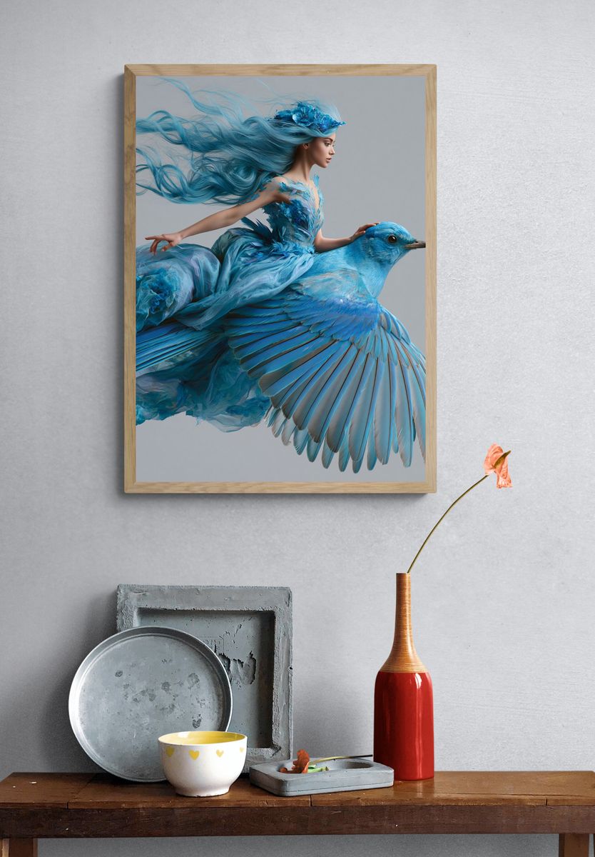 Blue Bird Rider Illustration Poster. — room view 3
