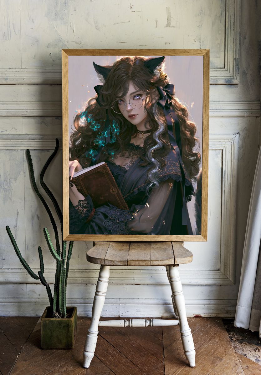Cat-Eared Girl with Book Illustration Poster. room preview