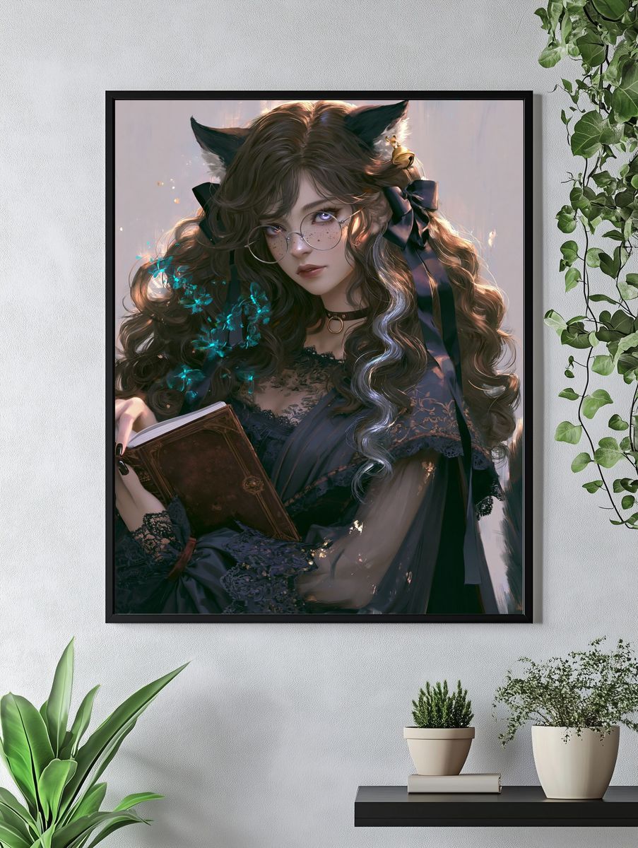 Cat-Eared Girl with Book Illustration Poster. — room view 4