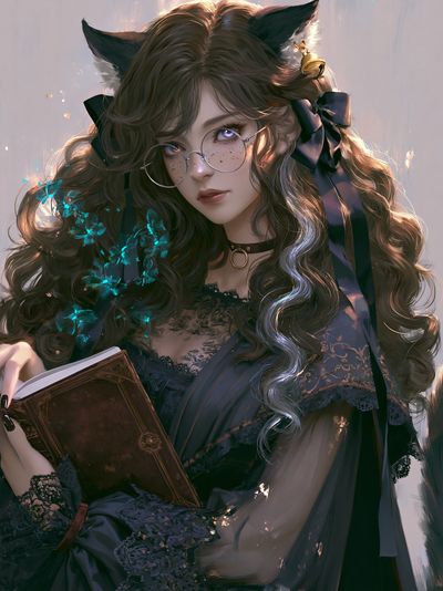 Cat-Eared Girl with Book Illustration Poster. poster