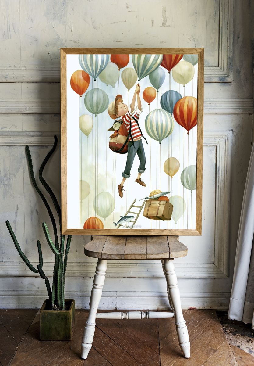 Boy and Balloons Illustration Poster. room preview
