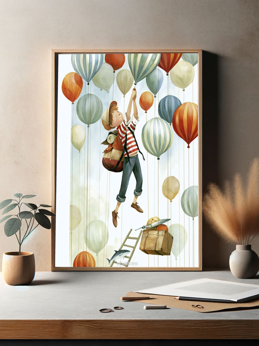 Boy and Balloons Illustration Poster. — room view 2
