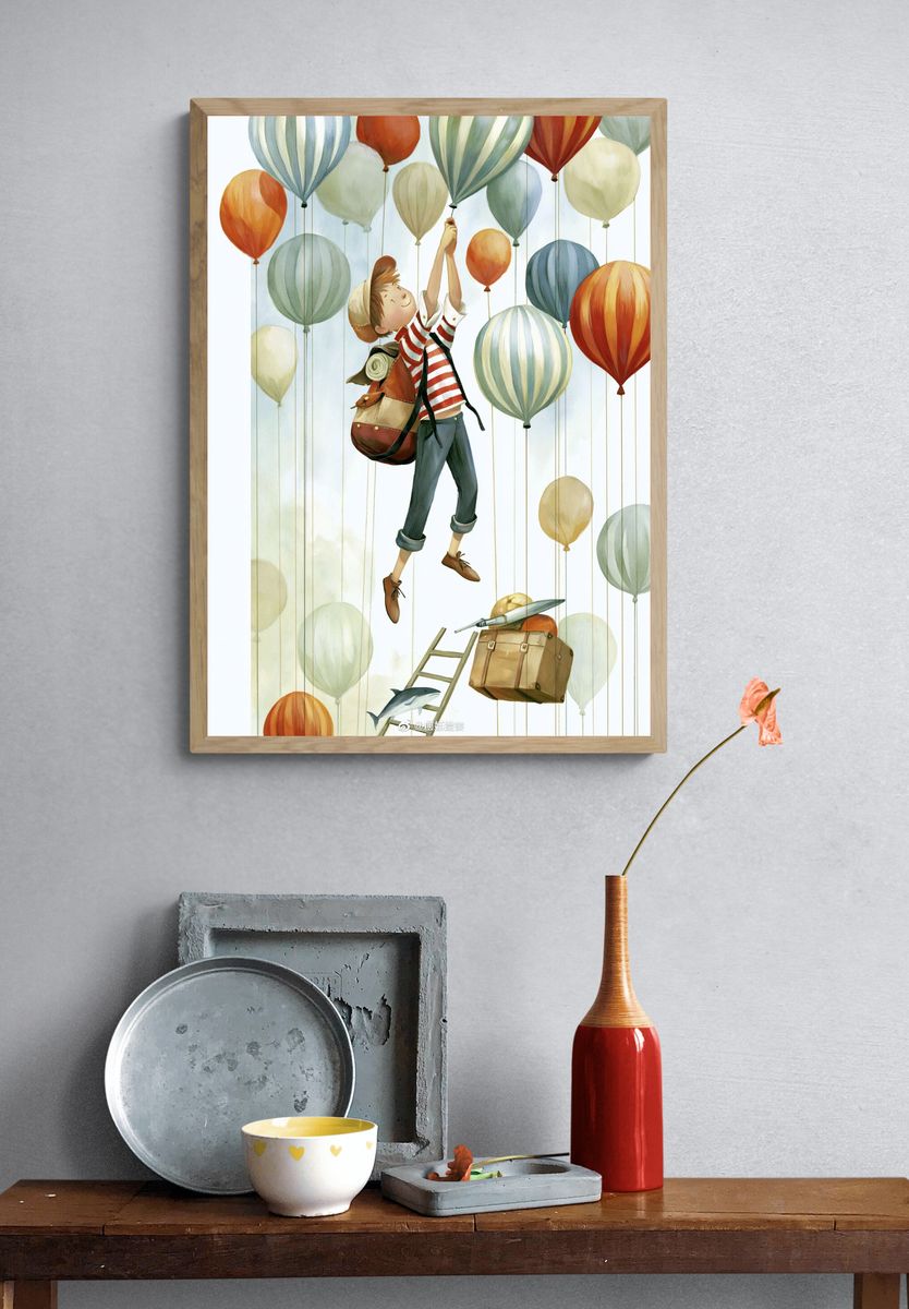 Boy and Balloons Illustration Poster. — room view 3