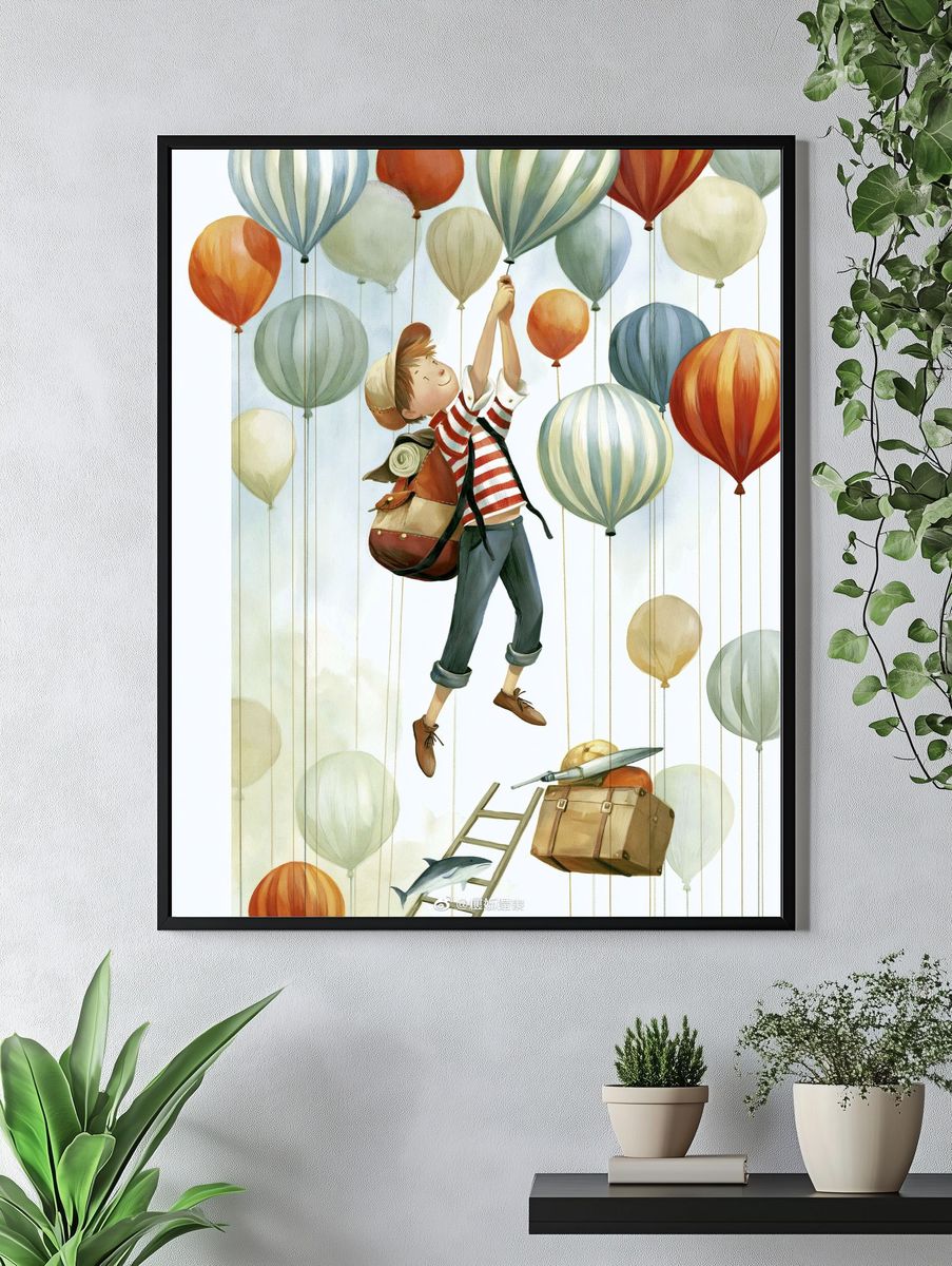 Boy and Balloons Illustration Poster. — room view 4