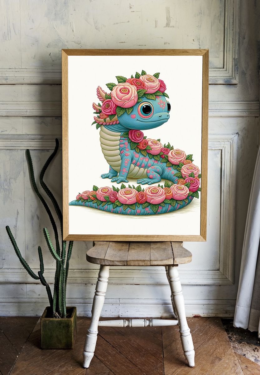Floral Axolotl Illustration Poster. room preview