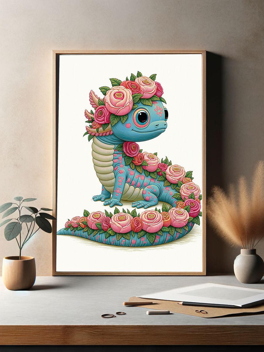 Floral Axolotl Illustration Poster. — room view 2