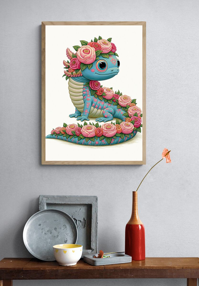 Floral Axolotl Illustration Poster. — room view 3