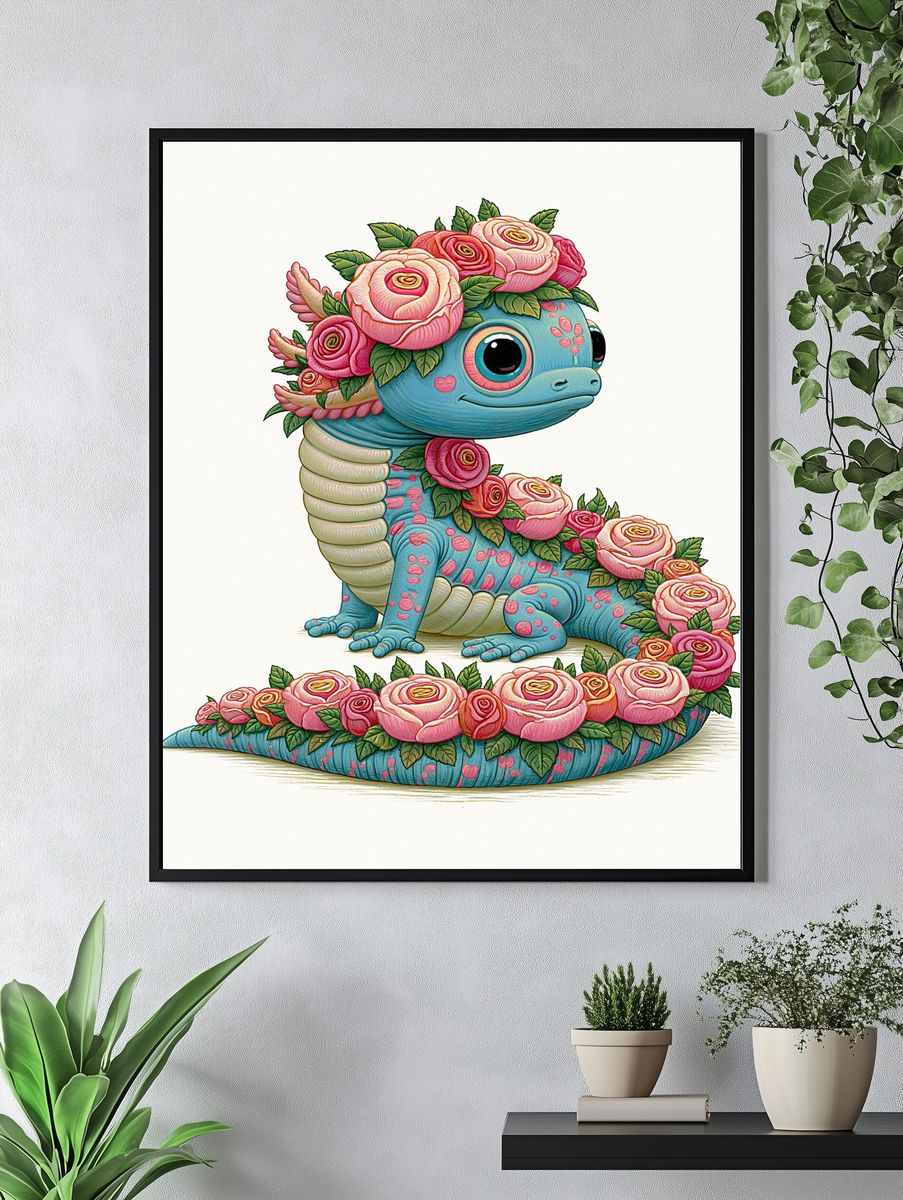Floral Axolotl Illustration Poster. — room view 4