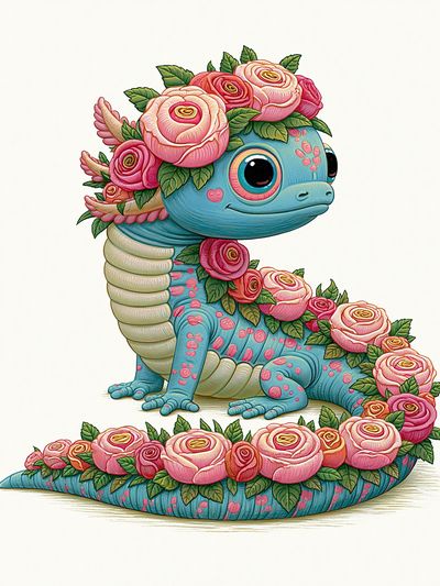 Floral Axolotl Illustration Poster.