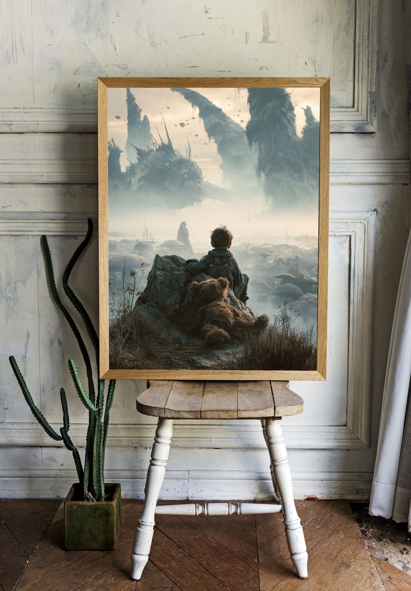 Fantasy Boy and Giant Creatures Poster. room preview