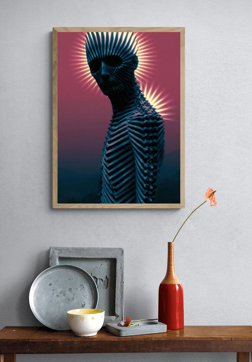 Neon Skull Figure Illustration Poster. — room view 3