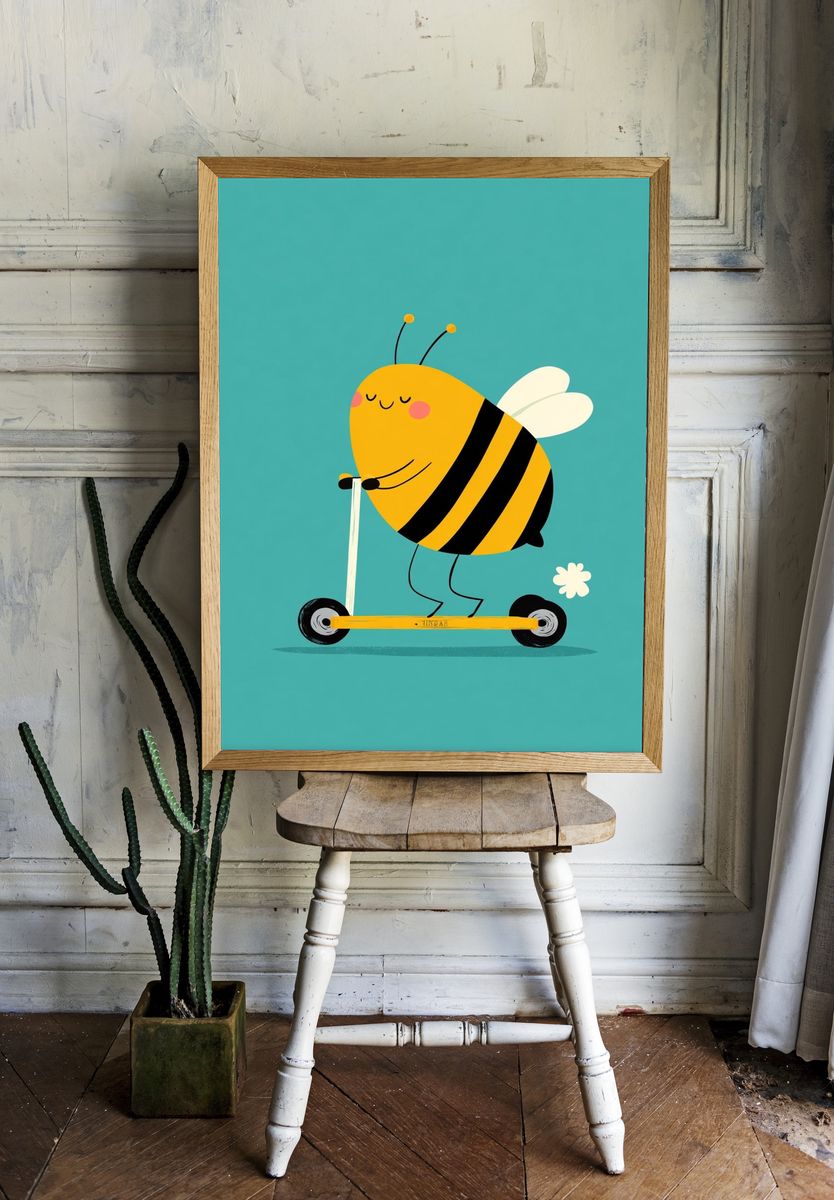 Cute Bee Scooter Illustration Poster. — room view 1