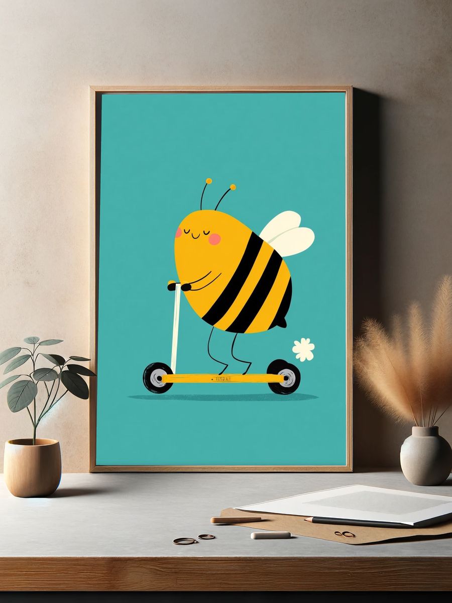 Cute Bee Scooter Illustration Poster. — room view 2