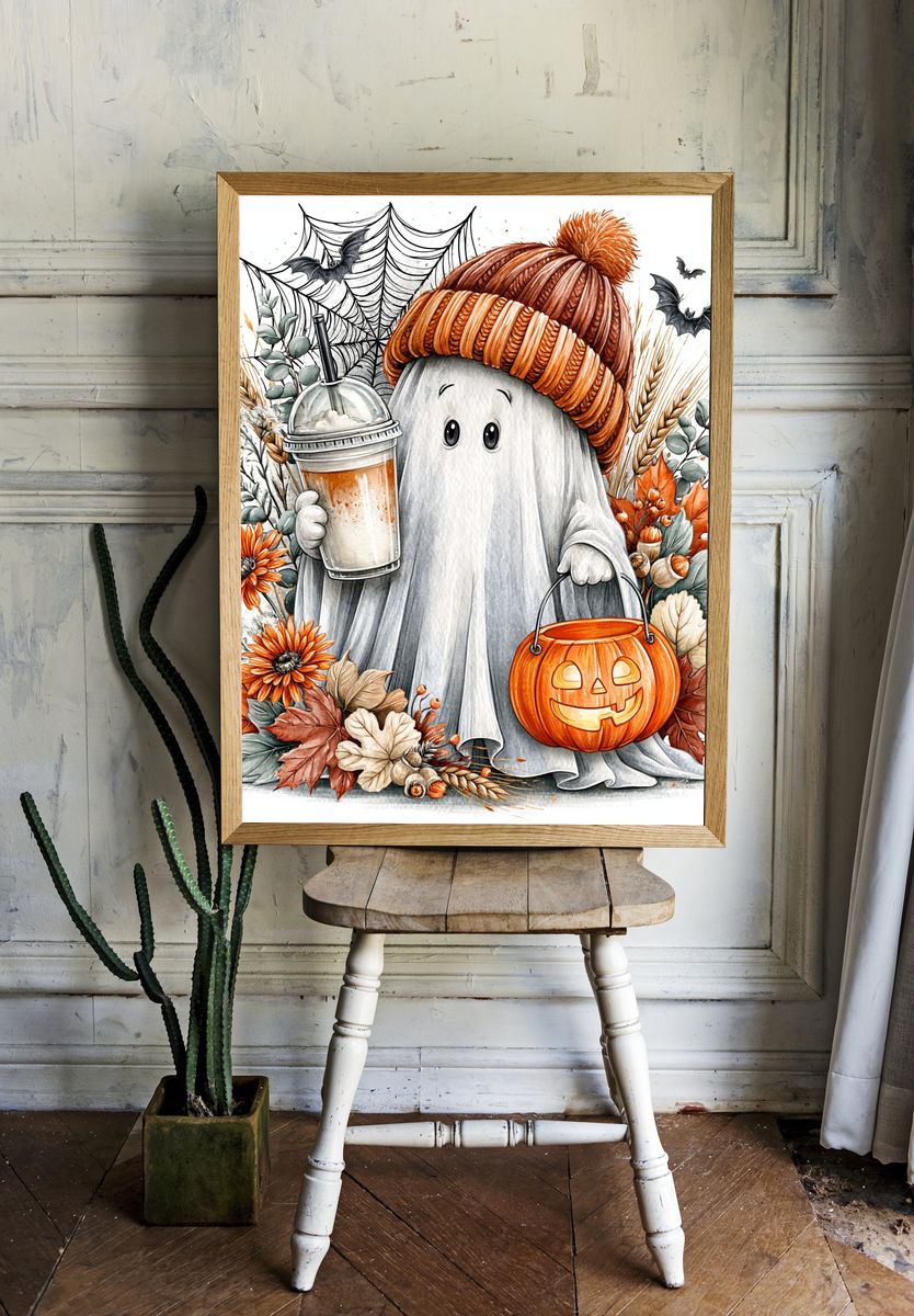 Halloween Ghost Autumn Illustration Poster. — room view 1