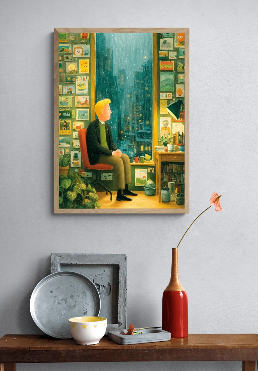 Rainy Window Portrait Illustration Poster. — room view 3