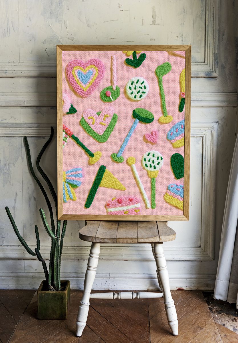 Pastel Embroidered Hearts Print. room preview