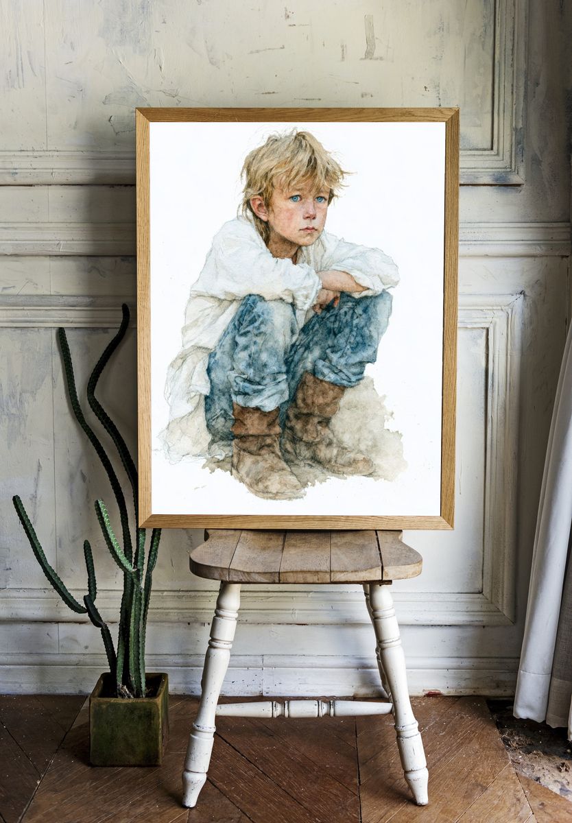 Boy in White Watercolor Print. — room view 1