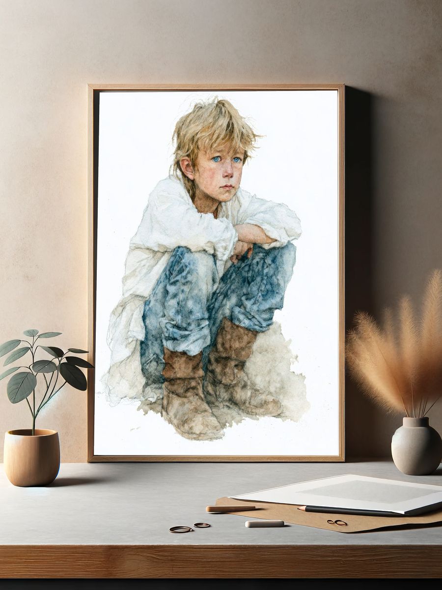 Boy in White Watercolor Print. — room view 2