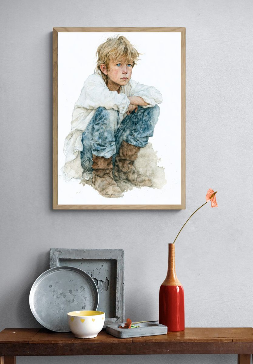 Boy in White Watercolor Print. — room view 3