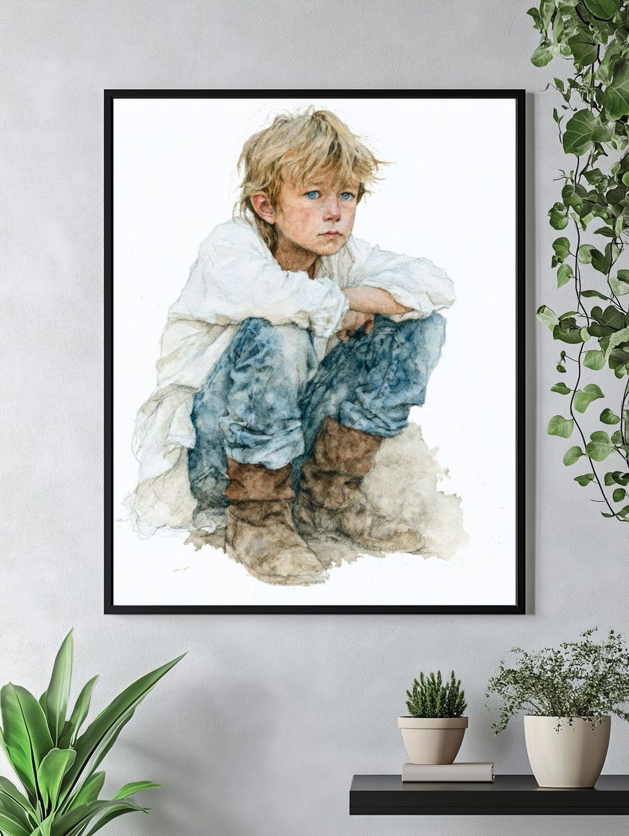 Boy in White Watercolor Print. — room view 4