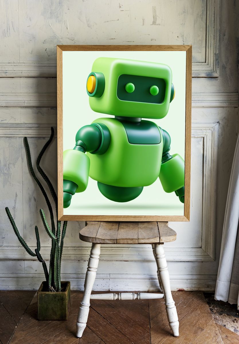 Cute Green Robot Illustration Poster. — room view 1