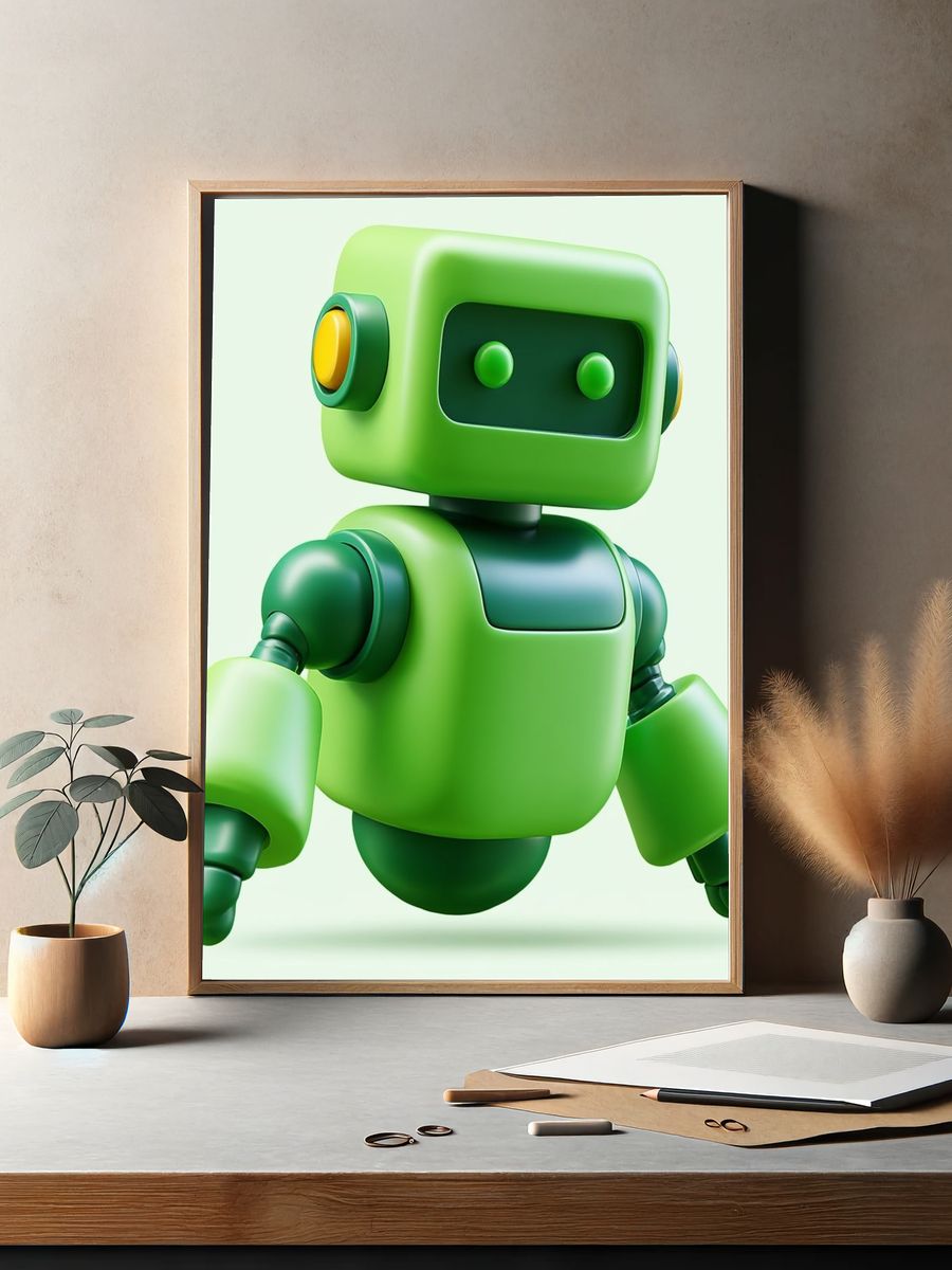 Cute Green Robot Illustration Poster. — room view 2