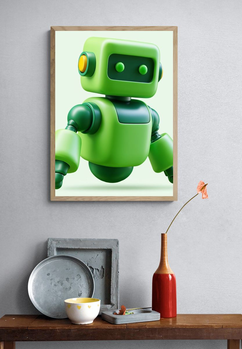 Cute Green Robot Illustration Poster. — room view 3
