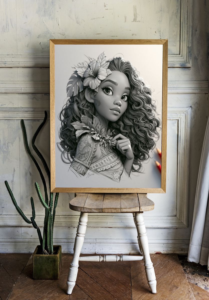 Curly Floral Girl Illustration Print. room preview