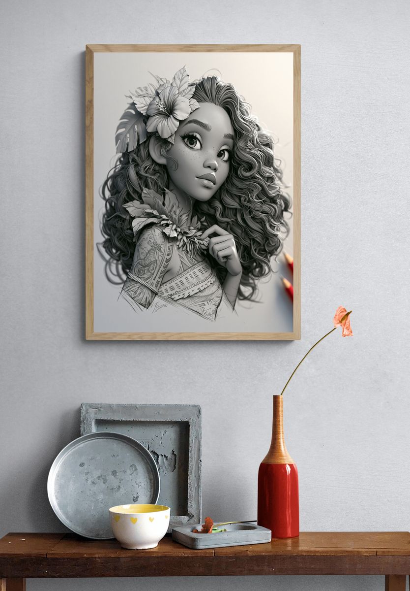 Curly Floral Girl Illustration Print. — room view 3