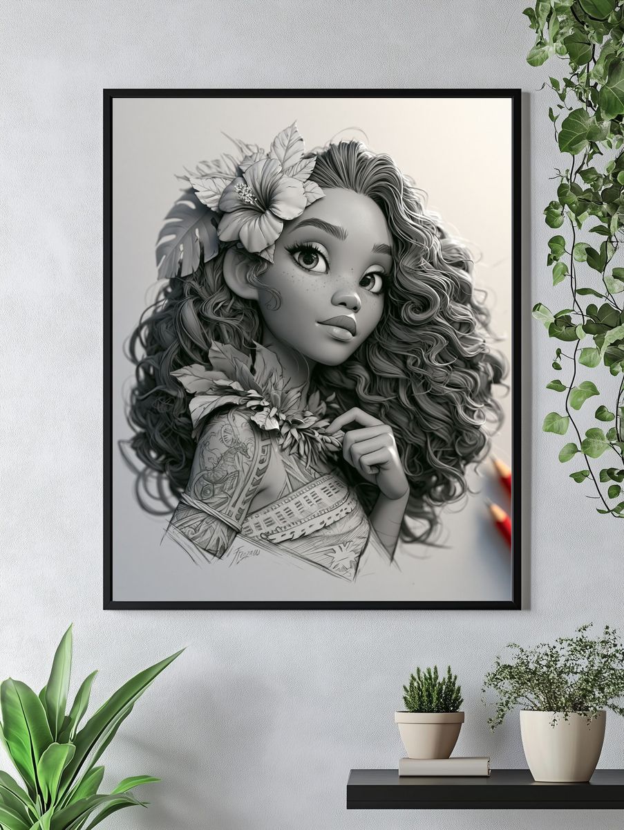 Curly Floral Girl Illustration Print. — room view 4