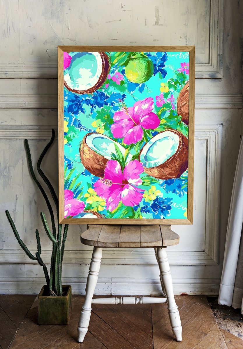 Tropical Coconut Floral Illustration Poster. — room view 1