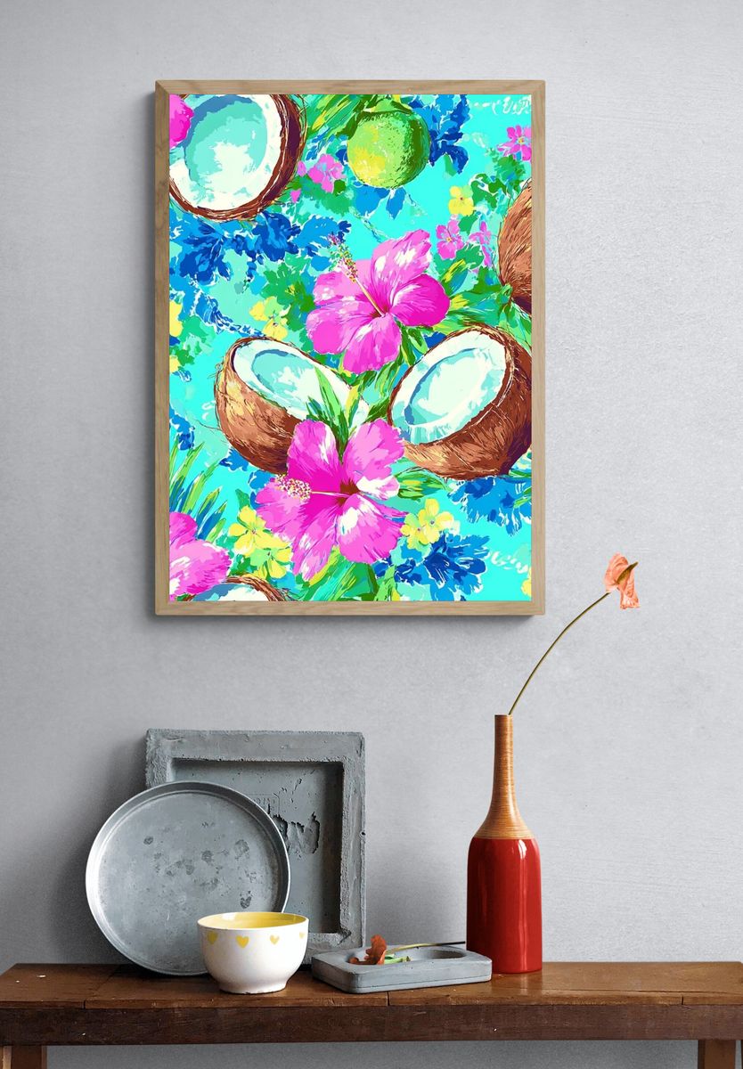 Tropical Coconut Floral Illustration Poster. — room view 3
