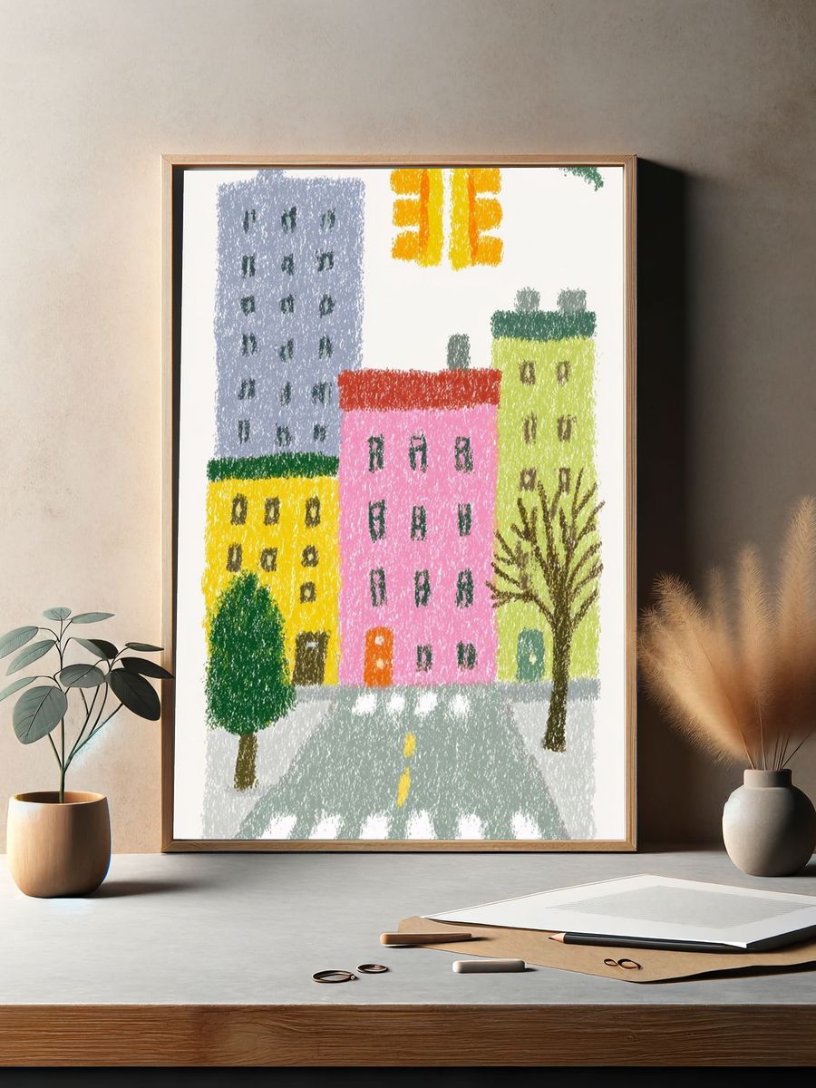 Colorful City Street Illustration Poster. — room view 2