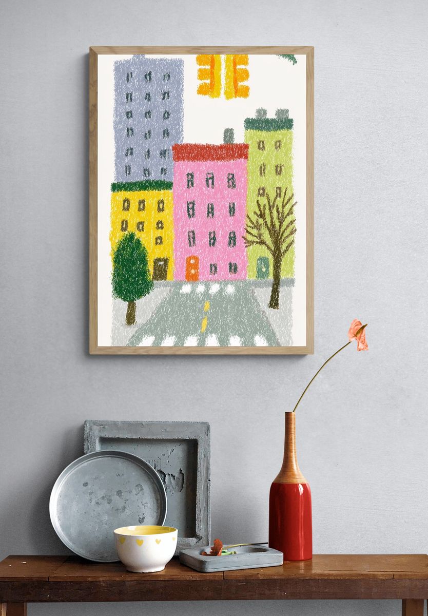 Colorful City Street Illustration Poster. — room view 3