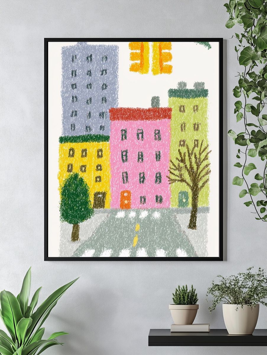 Colorful City Street Illustration Poster. — room view 4