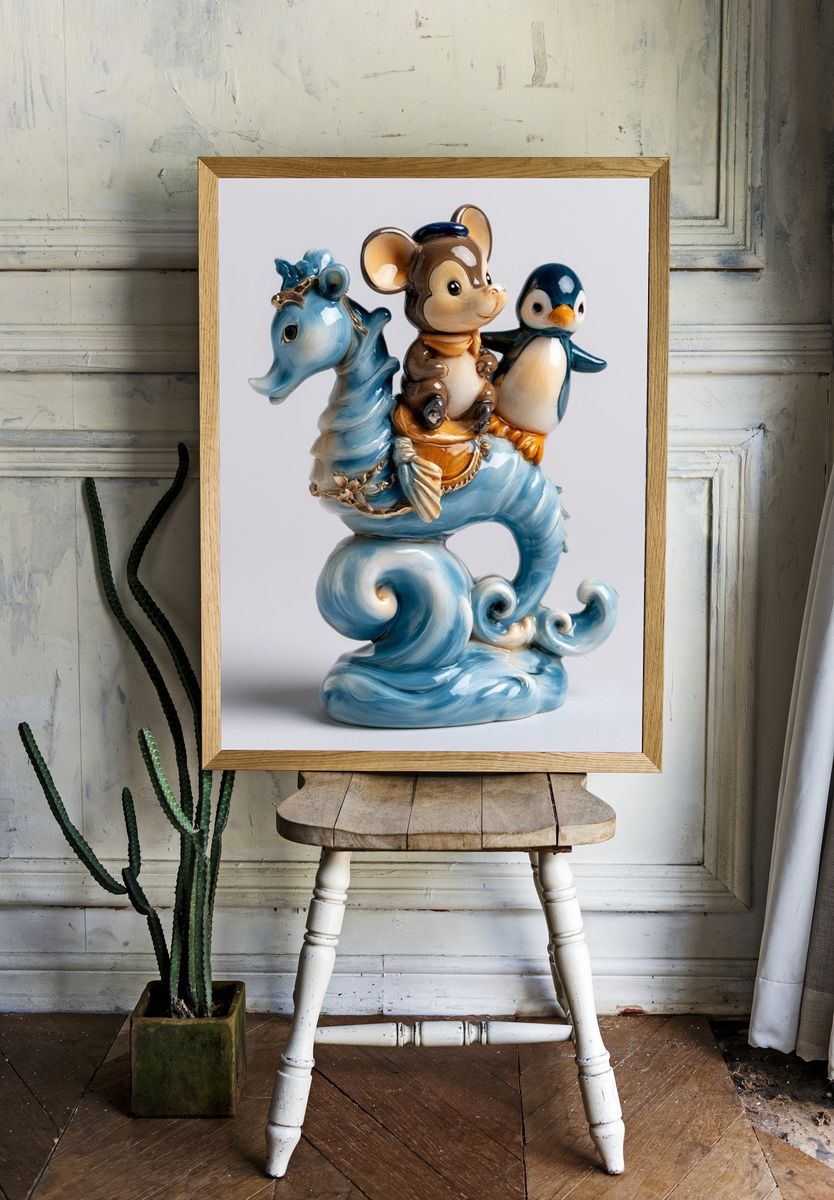 Whimsical Animal Figurine Illustration Print. — room view 1