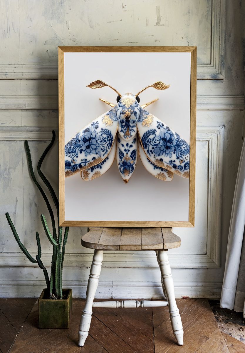 Porcelain Moth Illustration Print. room preview